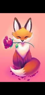 Adorable fox holding a rose on a pink background in cartoon style.