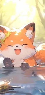 Charming anime fox relaxing in a forest stream.