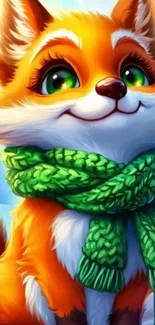 Cute cartoon fox in a vibrant green scarf.