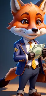 Charming fox in suit holding money, cartoon style mobile wallpaper.