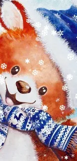 Illustration of a cute fox in a blue hat and scarf with a snowy winter background.