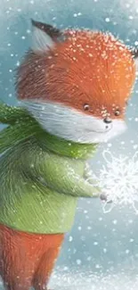 Cute fox in green sweater holding a snowflake in a snowy scene.