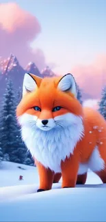 Cute fox standing in a snowy winter forest.