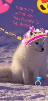 Cute arctic fox with crown and emojis on snowy landscape.