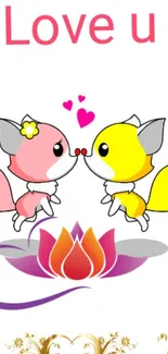 Cute foxes embracing love with hearts and flowers in pink and yellow hues.