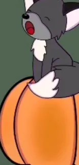 Cute cartoon fox sitting on an orange pumpkin with a green background.