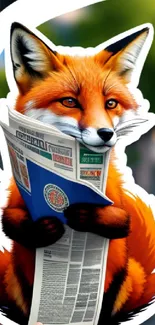 Charming fox cartoon holding a newspaper, set against a blurred background.