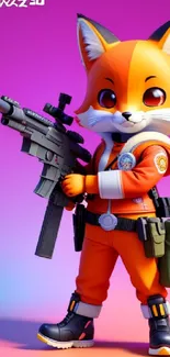 Cute fox soldier in orange outfit with a colorful background.