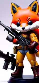 Cute cartoon fox soldier with toy weapon on stand.