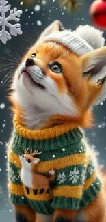 Cute fox in winter sweater looking at snowflake.