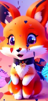 Cute orange fox with butterflies in cartoon style.