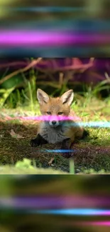 Cute fox in forest with neon light lines.