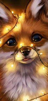 Cute fox wrapped in glowing fairy lights.