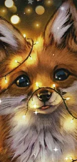 Adorable fox wrapped in fairy lights, creating a warm, festive glow.