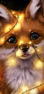 Cute fox wrapped in glowing fairy lights, creating a cozy atmosphere.