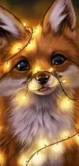 A cute fox wrapped in glowing fairy lights, perfect for mobile wallpaper.