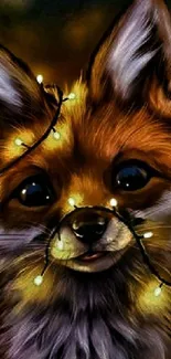 Illustrated fox with glowing fairy lights on its face.