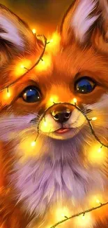 Adorable fox entangled in glowing fairy lights.