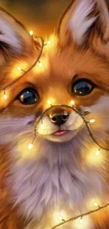 Cute fox wrapped in glowing fairy lights.