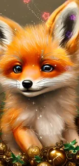 Adorable fluffy fox with floral crown in vibrant colors.