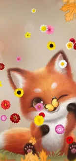 Adorable cartoon fox with flowers and a butterfly winking playfully.