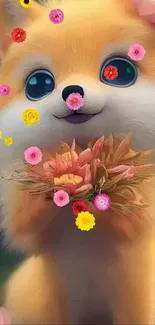 Cute fox with flowers illustration wallpaper.