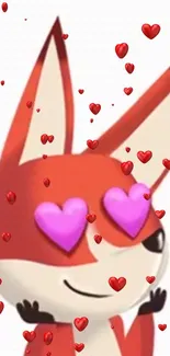 Cute cartoon fox with heart eyes and red hearts background.