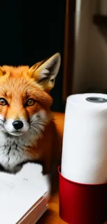 Fox sitting next to paper roll in red container.