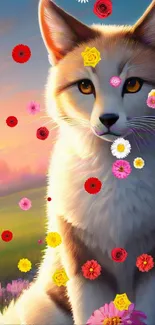 Adorable fox with pastel flowers at sunset backdrop.