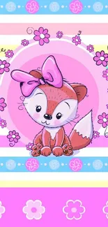 Charming fox with pink bow amidst floral pastels on vibrant wallpaper.