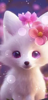 Cute white fox with pink flowers, large eyes, and soft fur, ideal for phone wallpaper.