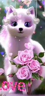 Cute white fox with pink roses and heart accents.