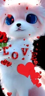 Cute cartoon fox holding a red rose with hearts and 'LOVE' text.