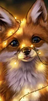 Adorable fox wrapped in warm glowing string lights.