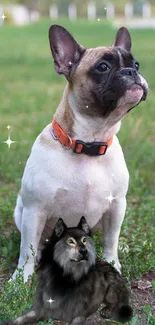 French Bulldog with wolf resting on lush green grass, wearing orange collar.