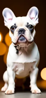 French Bulldog with soft bokeh lighting on brown background.