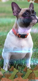 French Bulldog with dog bone frame sitting on grass.