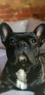 Adorable black French Bulldog laying on a soft bed with blurred background.