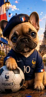 French bulldog in jersey with Eiffel Tower in the background.