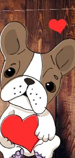 Cartoon French Bulldog holding a red heart on wooden background with scattered hearts.