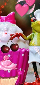 Frog chef with a cupcake and heart accents in a playful scene.