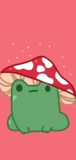 Cartoon frog with mushroom hat on pink background.