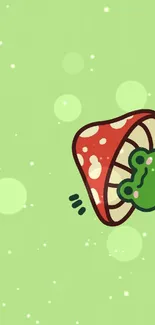 Cute frog holding a red mushroom with a light green background.