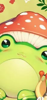 Cute green frog with mushroom hat mobile wallpaper.