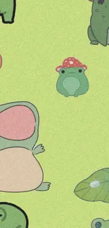 Cute cartoon frog wallpaper with pastel green background.