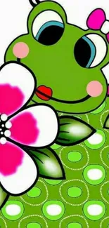 Cute frog with floral design on green background.