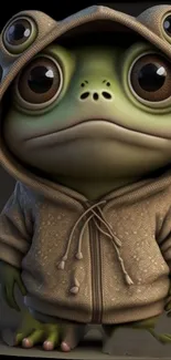 Cute frog wearing a hoodie in whimsical digital art wallpaper.