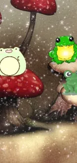 Whimsical cartoon frogs on red mushrooms in a fantasy setting.