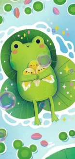 Illustration of cute frog on a lilypad with green leaves and bubbles.