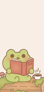 Cute frog reading a book on a log with a soft beige background.